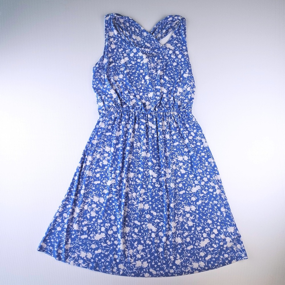 Kaileigh Blue White Floral Sundress Criss Cross Back Garden Party Dress Large